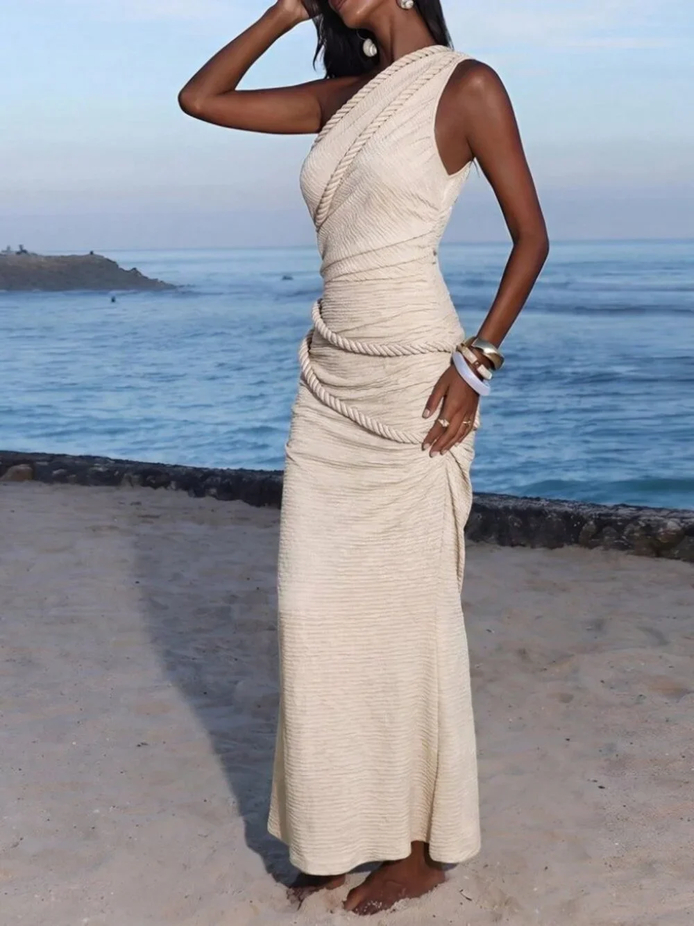 Cream Textured Knit One-Shoulder Rope Appliqué Draped Mermaid Maxi Dress